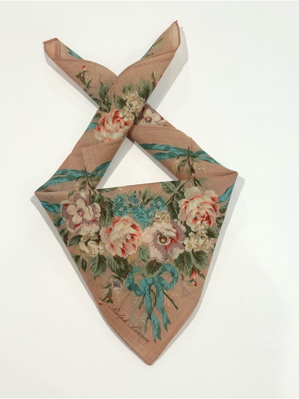 Women Handkerchief Ralph Lauren Floral Beige Pink Cotton Pocket Square 18”